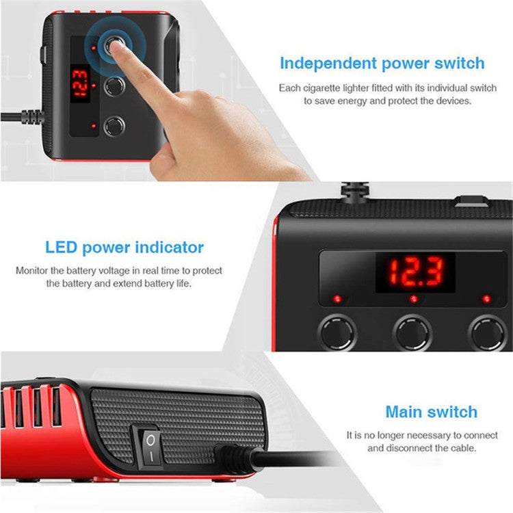 TR12 100W Car Cigarette Lighter One Drag Three With Switch Voltage Display 4USB Car Cigarette Lighteri