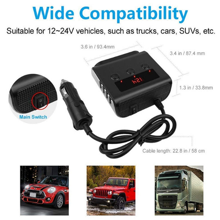 TR12 100W Car Cigarette Lighter One Drag Three With Switch Voltage Display 4USB Car Cigarette Lighteri