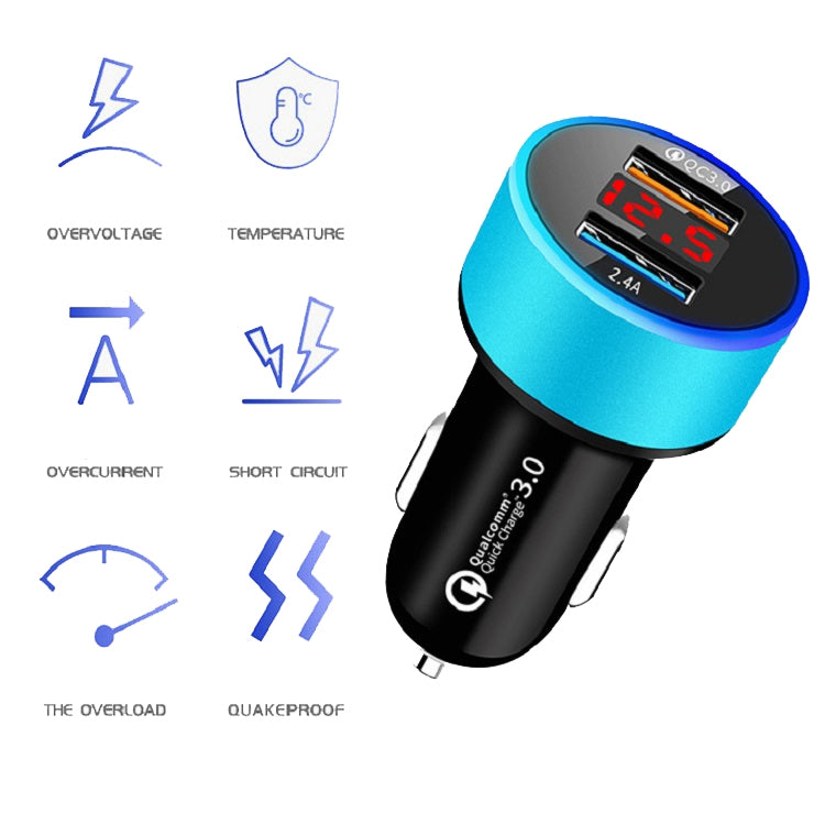 2 PCS Aluminum Ring 5V3.1A Display Car Charger QC3.0+3.1A Aluminum Alloy Multi-function Halo Digital Display Car Charger