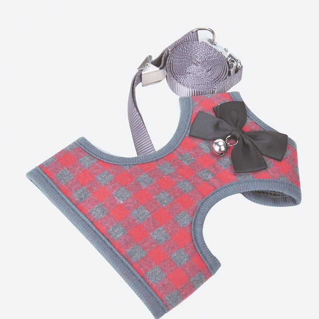 Adjustable Bow Plaid Vest Lead Pull Rope Leash for Cat Dog Pet