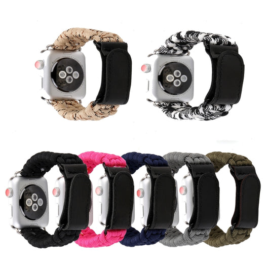 Magic Paste Genuine Leather Umbrella Rope Nylon Wrist Watch Band with Stainless Steel Buckle for Apple Watch Ultra 49mm&Watch Ultra 2 49mm / Series 10 46mm / 9&8&7 45mm / SE 3&SE 2&6&SE&5&4 44mm / 3&2&1 42mm