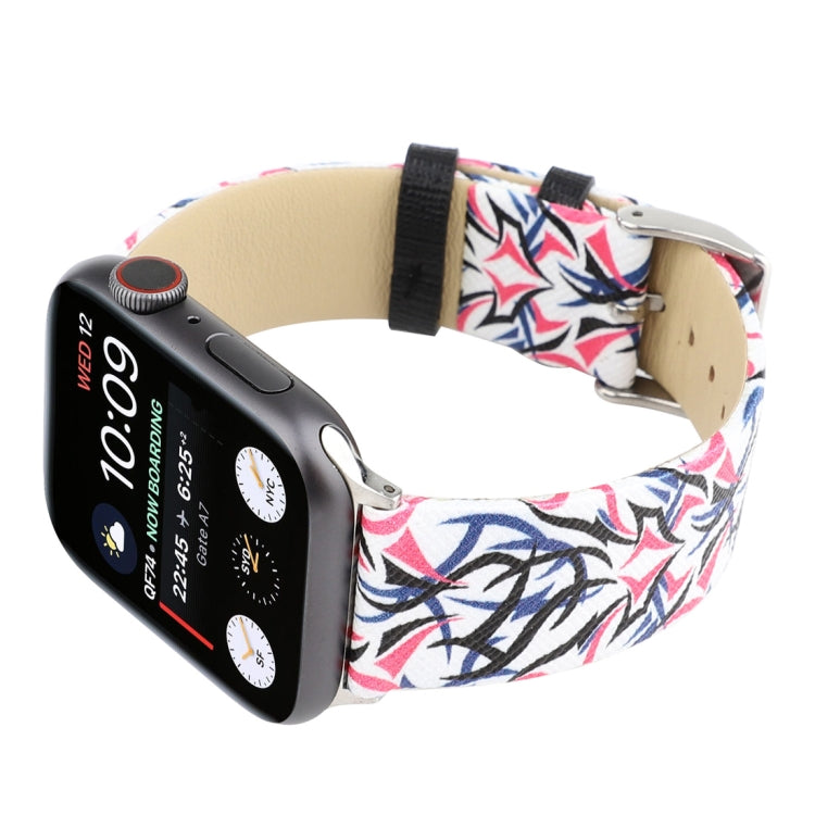 Thorns Printing Genuine Leather Watch Band for Apple Watch Series 10 42mm / 9&8&7 41mm / SE 3&SE 2&6&SE&5&4 40mm / 3&2&1 38mm