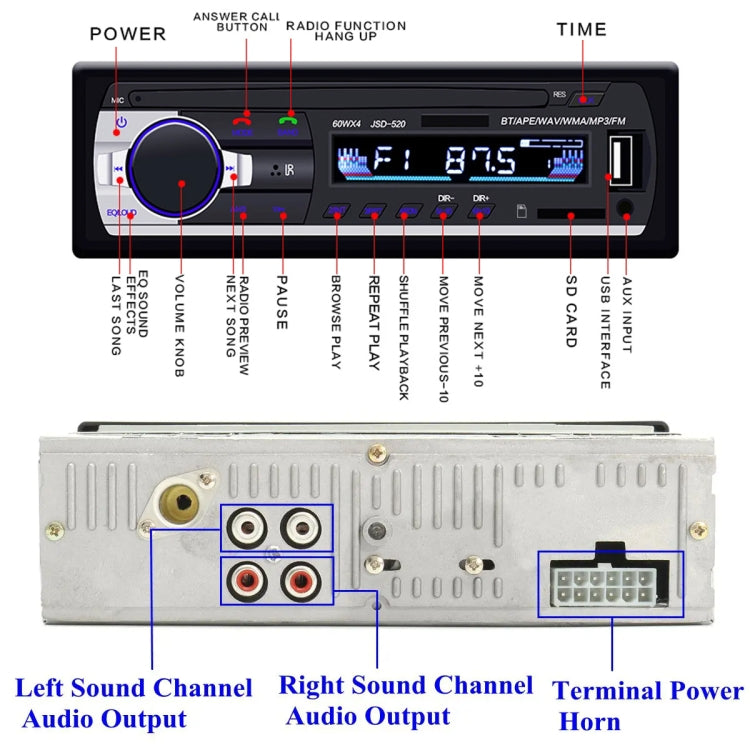 JSD-520 Car Stereo Radio MP3 Audio Player Support Bluetooth Hand-free Calling / FM / USB / SD, Ordinary Version, JSD-520, Ordinary Version