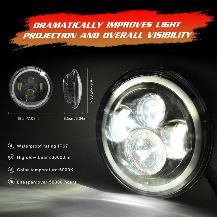 7 inch H4 / H13 DC 9V-30V 3000LM 6000K 30W IP67 4LED Lamp Beads Car Round Shape LED Headlight Lamps for Jeep Wrangler / Harley, with Angel Eye, Round Shape