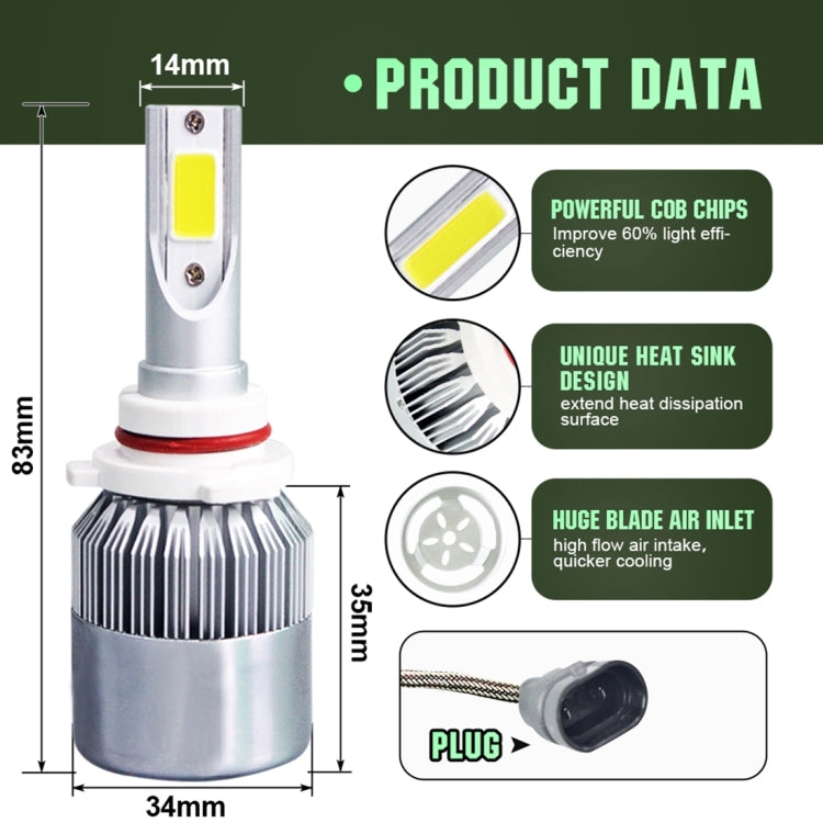 2 PCS C9 9006 18W 1800LM 6000K Waterproof IP68 Car Auto LED Headlight with 2 COB LED Lamps, DC 9-36V, 9006