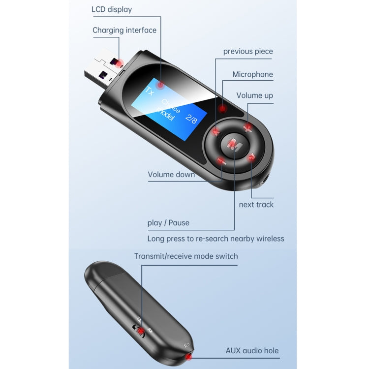 T-13 Bluetooth 5.0 LCD Digital Display Bluetooth Adapter Receiver Transmitter