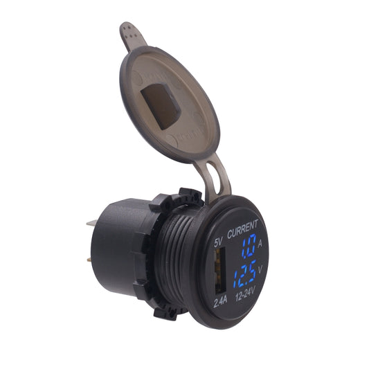 Universal Car Single Port USB Charger Power Outlet Adapter 2.4A 5V IP66 with LED Digital Voltmeter + Ammeter + 60cm Cable