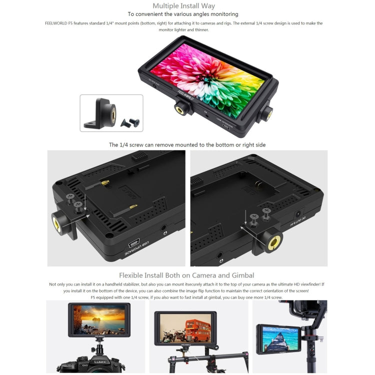 FEELWORLD F6S Full HD 1920x1080 5.0 inch IPS Screen DSLR Camera Field Monitor with Tilt Arm, Support 4K HDTV Input / Output, F6S