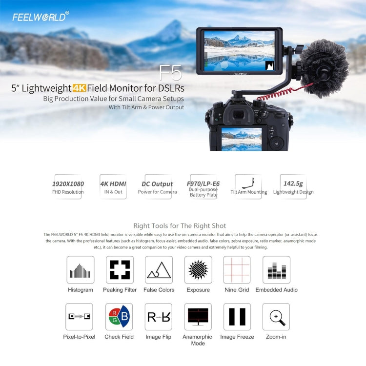 FEELWORLD F6S Full HD 1920x1080 5.0 inch IPS Screen DSLR Camera Field Monitor with Tilt Arm, Support 4K HDTV Input / Output, F6S