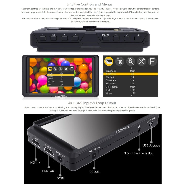 FEELWORLD F6S Full HD 1920x1080 5.0 inch IPS Screen DSLR Camera Field Monitor with Tilt Arm, Support 4K HDTV Input / Output, F6S