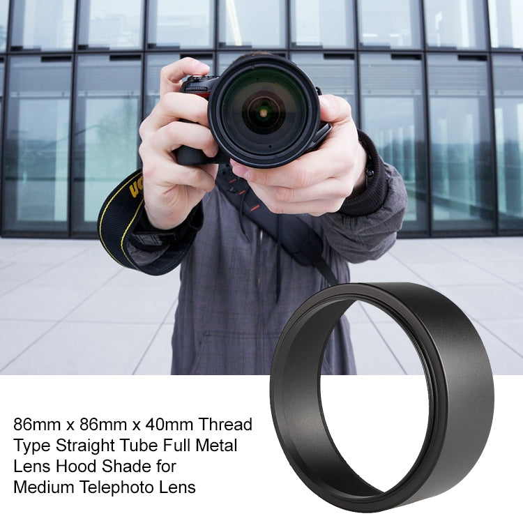 86mm Thread Type Straight Tube Full Metal Lens Hood Shade for Medium Telephoto Lens, 86mm x 86mm x 40mm