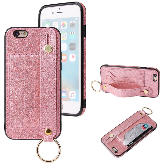 Glitter Powder PU+TPU Shockproof Protective Case with Holder & Card Slots & Wrist Strap