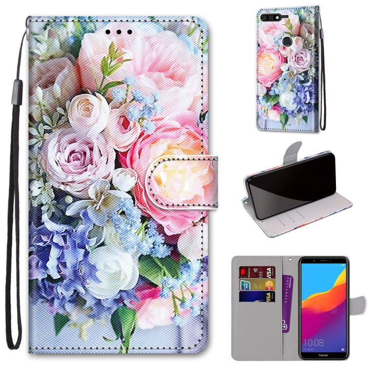 Coloured Drawing Cross Texture Horizontal Flip PU Leather Case with Holder & Card Slots & Wallet & Lanyard, For Huawei Y6 (2018) / Honor 7A, For Huawei Y6p, For Huawei Y7 (2019) / Enjoy 9, For Huawei Y7 (2018) / Enjoy 8