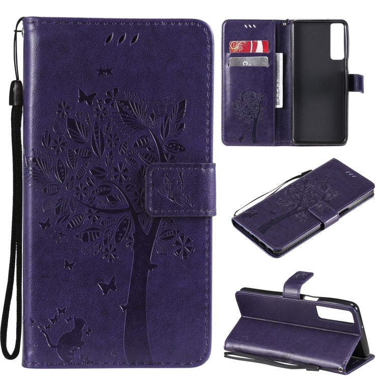 Tree & Cat Pattern Pressed Printing Horizontal Flip PU Leather Case with Holder & Card Slots & Wallet & Lanyard, For LG Stylo 7 5G / 4G, For OPPO F19 / A74 4G, For OPPO A93 5G / A74 5G, For OPPO A94 4G / F19 Pro / Reno 5F�������������������������������...
