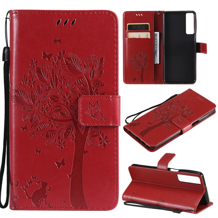 Tree & Cat Pattern Pressed Printing Horizontal Flip PU Leather Case with Holder & Card Slots & Wallet & Lanyard, For LG Stylo 7 5G / 4G, For OPPO F19 / A74 4G, For OPPO A93 5G / A74 5G, For OPPO A94 4G / F19 Pro / Reno 5F�������������������������������...