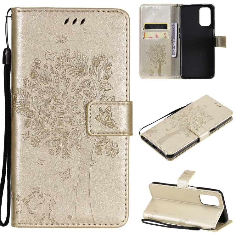 Tree & Cat Pattern Pressed Printing Horizontal Flip PU Leather Case with Holder & Card Slots & Wallet & Lanyard