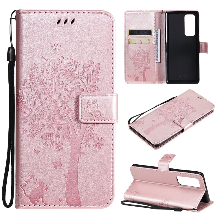 Tree & Cat Pattern Pressed Printing Horizontal Flip PU Leather Case with Holder & Card Slots & Wallet & Lanyard, For LG Stylo 7 5G / 4G, For OPPO F19 / A74 4G, For OPPO A93 5G / A74 5G, For OPPO A94 4G / F19 Pro / Reno 5F�������������������������������...