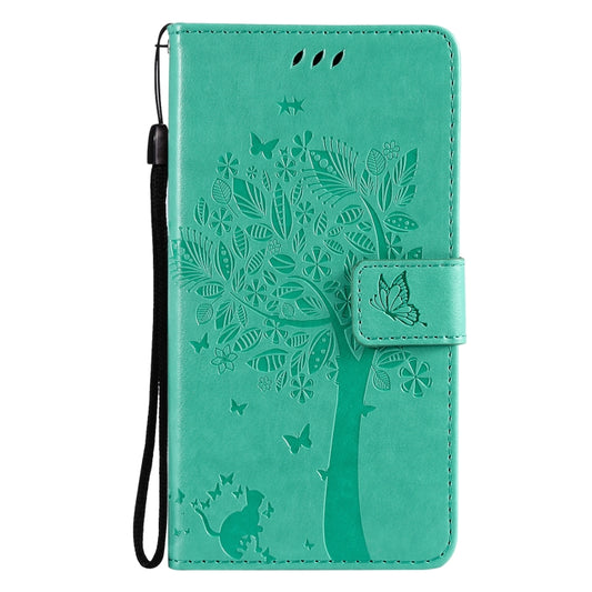 Tree & Cat Pattern Pressed Printing Horizontal Flip PU Leather Case with Holder & Card Slots & Wallet & Lanyard