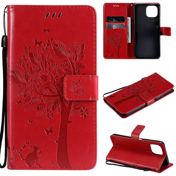 Tree & Cat Pattern Pressed Printing Horizontal Flip PU Leather Case with Holder & Card Slots & Wallet & Lanyard, For Xiaomi Redmi Note 10 4G, For Xiaomi Redmi Note 10 Pro, For Samsung Galaxy A32 4G, For Samsung Galaxy S21 FE, For Xiaomi Mi 11 Lite 5G��...