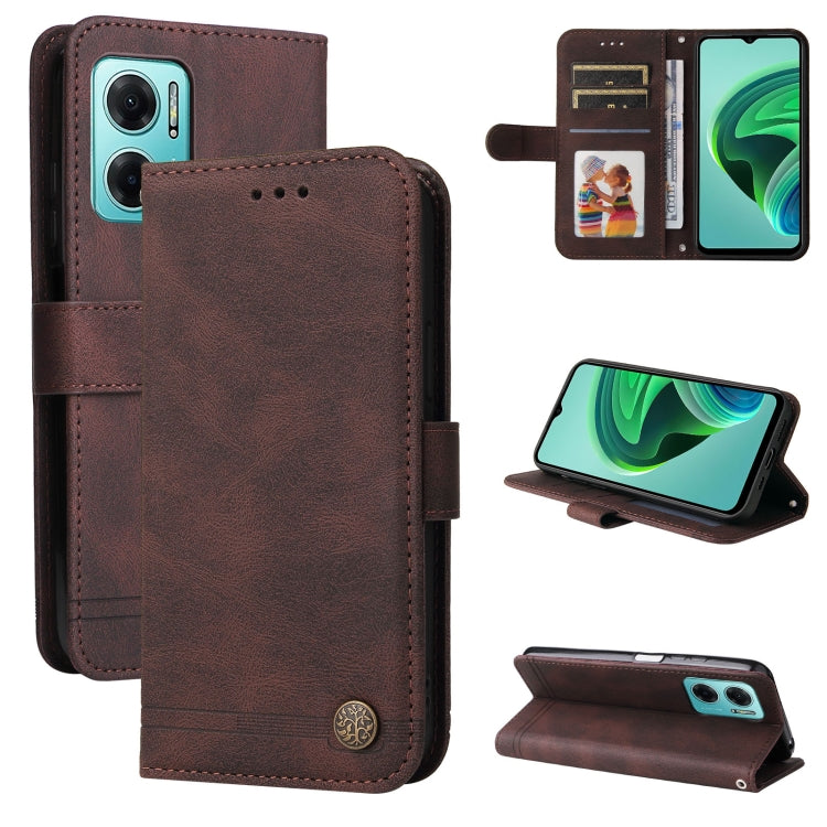 Skin Feel Life Tree Metal Button Leather Phone Case