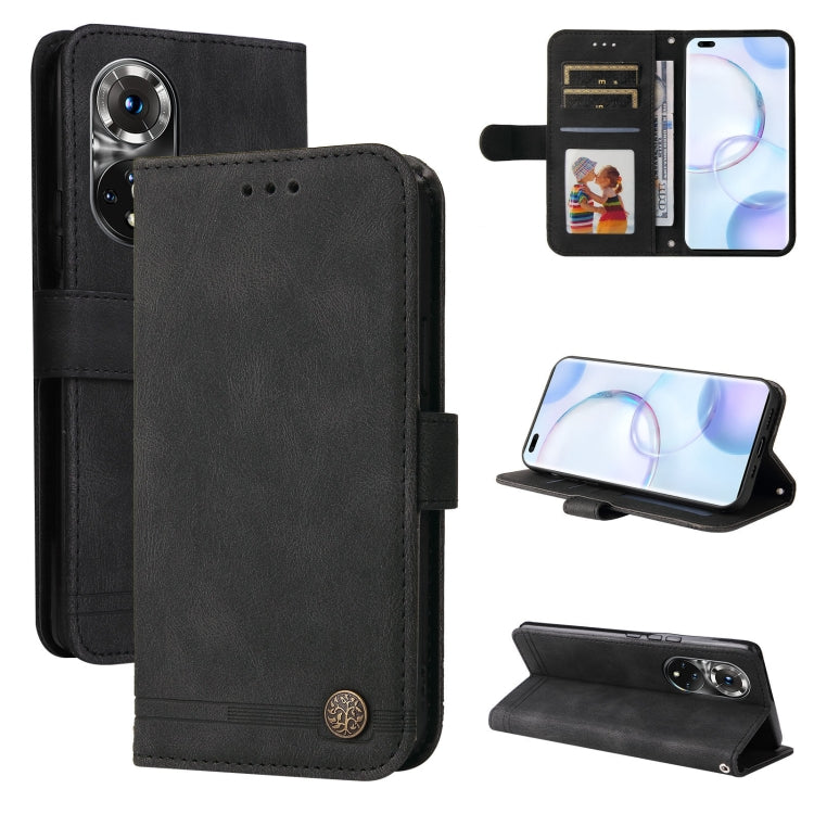 Skin Feel Life Tree Metal Button Leather Phone Case