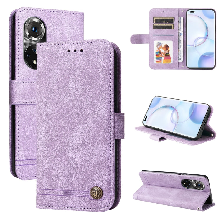 Skin Feel Life Tree Metal Button Leather Phone Case