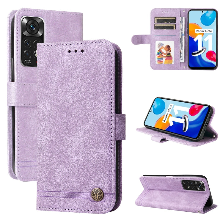 Skin Feel Life Tree Metal Button Leather Phone Case