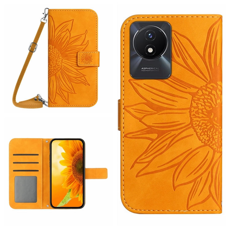 Skin Feel Sun Flower Embossed Flip Leather Phone Case with Lanyard