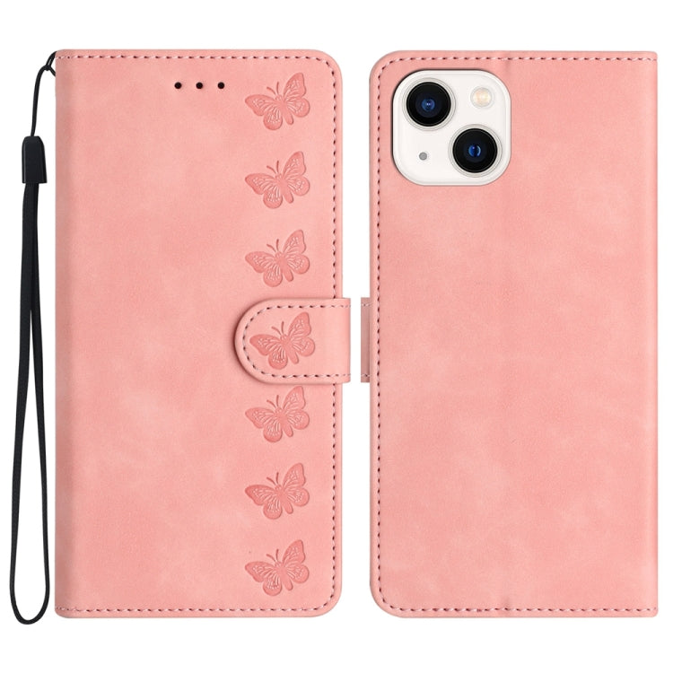 Seven Butterflies Embossed Leather Phone Case, For iPhone 16e, For iPhone 16 Pro Max, For iPhone 16 Pro, For iPhone 16 Plus, For iPhone 16, For iPhone 15 Pro Max, For iPhone 15 Pro, For iPhone 15 Plus, For iPhone 15, For iPhone 14 Plus, For iPhone 14��...