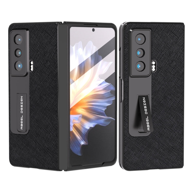 Integrated Cross Texture Genuine Leather Phone Case with Holder, For OPPO Find N2, For Honor Magic Vs