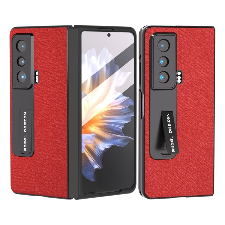 Integrated Cross Texture Genuine Leather Phone Case with Holder, For OPPO Find N2, For Honor Magic Vs