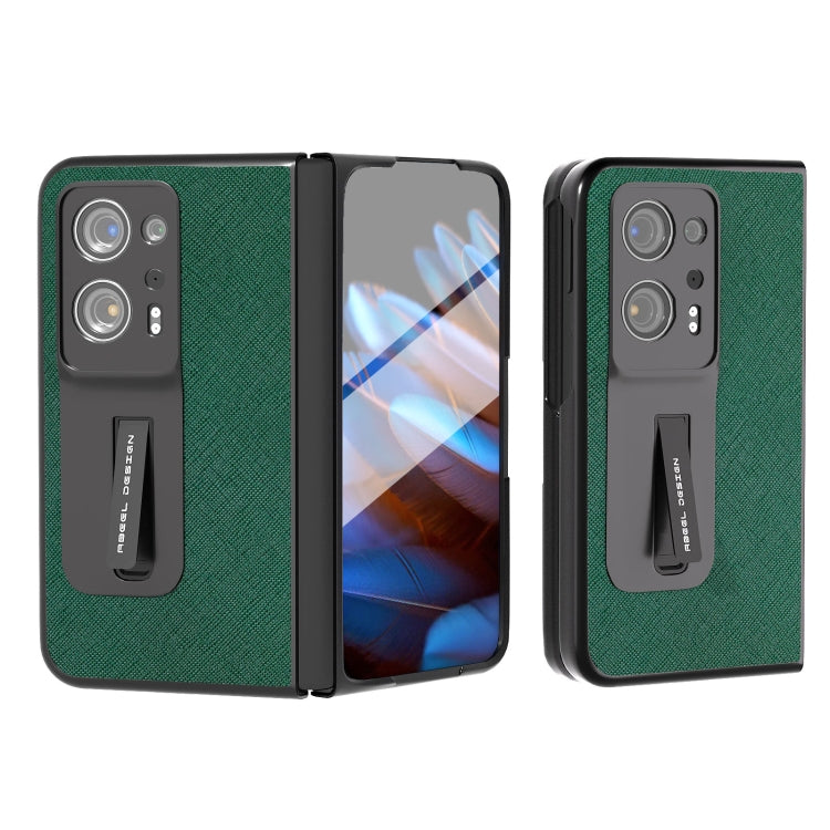 Integrated Cross Texture Genuine Leather Phone Case with Holder, For OPPO Find N2, For Honor Magic Vs