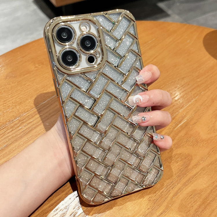 Woven Grid 3D Electroplating Laser Engraving Glitter Paper Phone Case, For iPhone 14, For iPhone 14 Pro, For iPhone 14 Pro Max, For iPhone 13 Pro Max, For iPhone 13 Pro, For iPhone 13, For iPhone 12, For iPhone 12 Pro Max, For iPhone 12 Pro, For iPhone 11