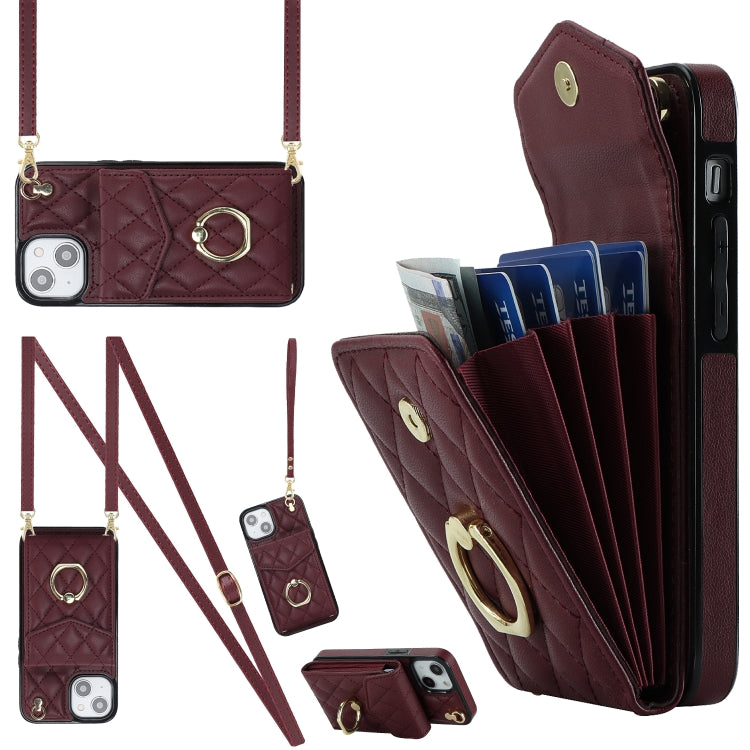 Rhombic Texture Card Bag Phone Case with Long Lanyard, For iPhone 16e, For iPhone 15 Pro Max, For iPhone 15 Pro, For iPhone 15 Plus, For iPhone 15, For iPhone 14 Plus, For iPhone 14, For iPhone 14 Pro, For iPhone 14 Pro Max, For iPhone 13 Pro Max������...