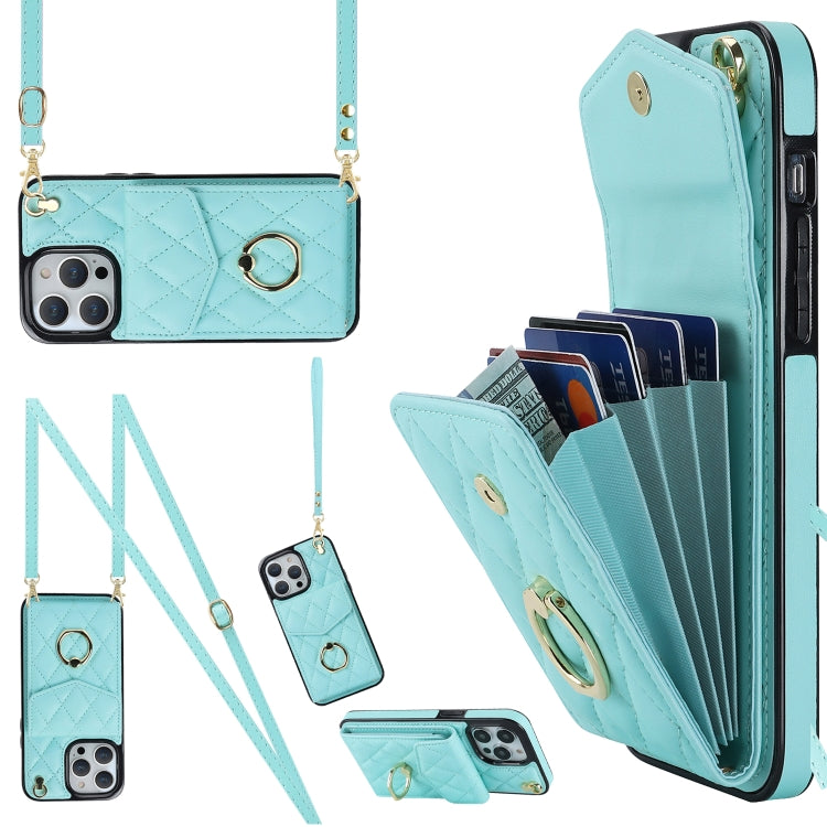 Rhombic Texture Card Bag Phone Case with Long Lanyard, For iPhone 16e, For iPhone 15 Pro Max, For iPhone 15 Pro, For iPhone 15 Plus, For iPhone 15, For iPhone 14 Plus, For iPhone 14, For iPhone 14 Pro, For iPhone 14 Pro Max, For iPhone 13 Pro Max������...