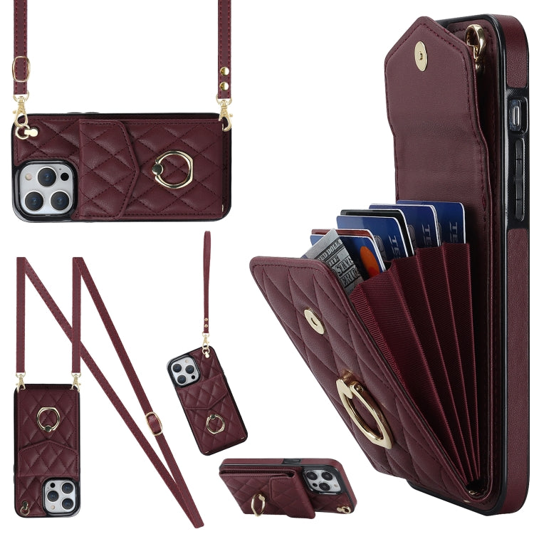 Rhombic Texture Card Bag Phone Case with Long Lanyard, For iPhone 16e, For iPhone 15 Pro Max, For iPhone 15 Pro, For iPhone 15 Plus, For iPhone 15, For iPhone 14 Plus, For iPhone 14, For iPhone 14 Pro, For iPhone 14 Pro Max, For iPhone 13 Pro Max������...