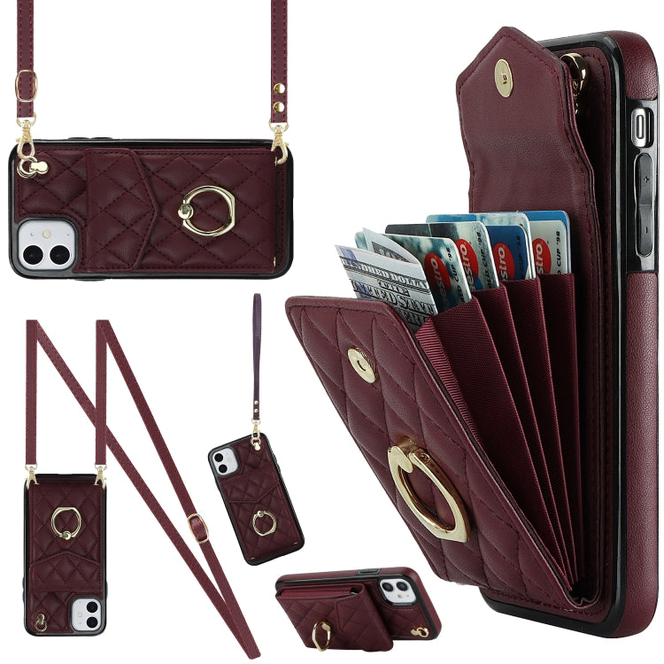 Rhombic Texture Card Bag Phone Case with Long Lanyard, For iPhone 12 / 12 Pro, For iPhone 12 Pro Max, For iPhone 11 Pro Max, For iPhone 11, For iPhone 11 Pro, For iPhone XR, For iPhone XS Max