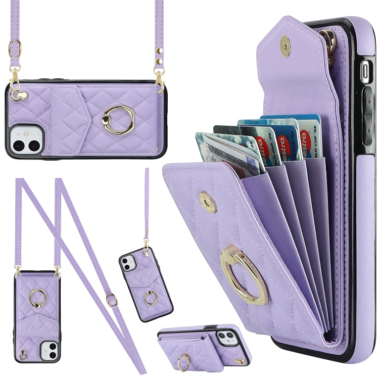 Rhombic Texture Card Bag Phone Case with Long Lanyard, For iPhone 12 / 12 Pro, For iPhone 12 Pro Max, For iPhone 11 Pro Max, For iPhone 11, For iPhone 11 Pro, For iPhone XR, For iPhone XS Max
