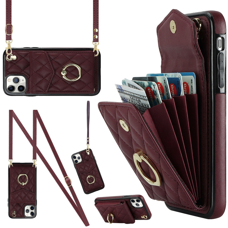Rhombic Texture Card Bag Phone Case with Long Lanyard, For iPhone 12 / 12 Pro, For iPhone 12 Pro Max, For iPhone 11 Pro Max, For iPhone 11, For iPhone 11 Pro, For iPhone XR, For iPhone XS Max