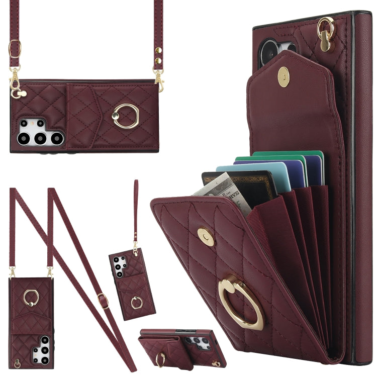 Rhombic Texture Card Bag Phone Case with Long Lanyard