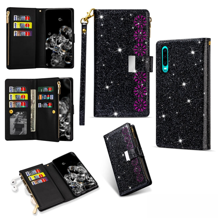 Multi-card Slots Starry Sky Laser Carving Glitter Zipper Horizontal Flip Leather Case with Holder & Wallet & Lanyard, For Huawei Mate 10 Lite, For Huawei Mate 10 Pro, For Huawei Mate 20, For Huawei Mate 20 lite, For Huawei Mate 20 Pro, For Huawei P20 l...