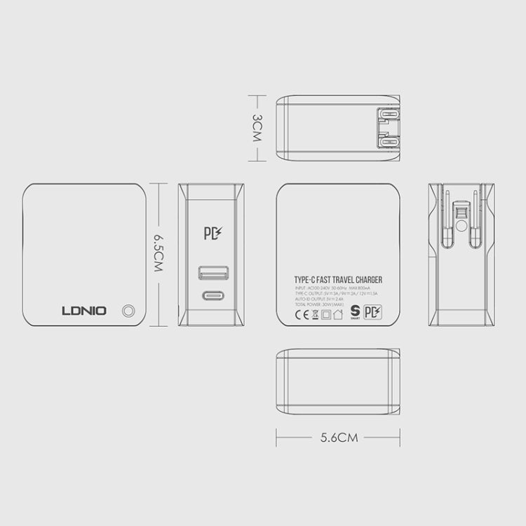 LDNIO A4403C 30W PD + Auto-id Foldable Fast Travel Charger with 1m Micro USB Cable, EU Plug, with Micro USB Cable