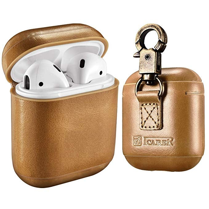 ICARER Cowhide Leather Anti-lost Dropproof Wireless Earphones Charging Box Protective Case for Apple AirPods 1/2, with Clasp, with Clasp Khaki