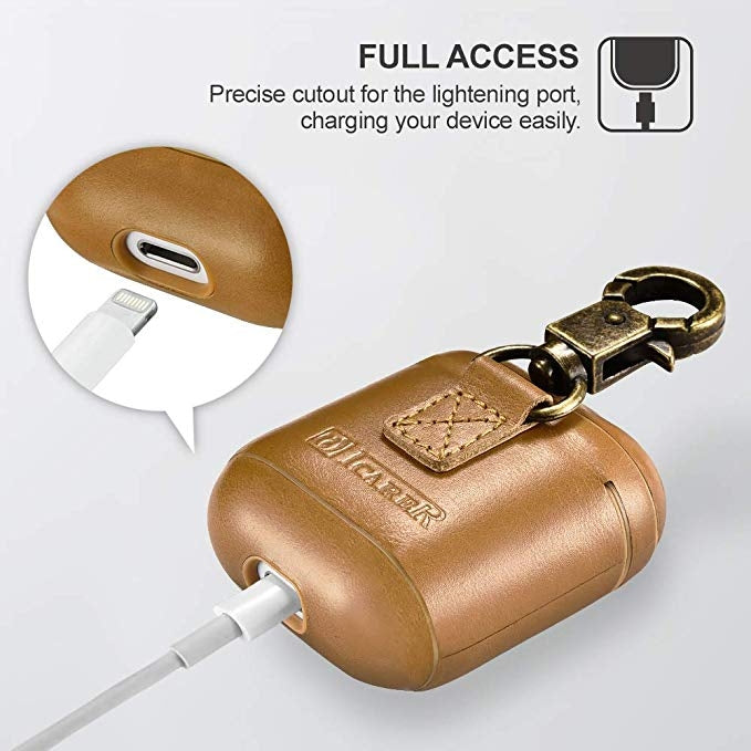 ICARER Cowhide Leather Anti-lost Dropproof Wireless Earphones Charging Box Protective Case for Apple AirPods 1/2, with Clasp, with Clasp Khaki