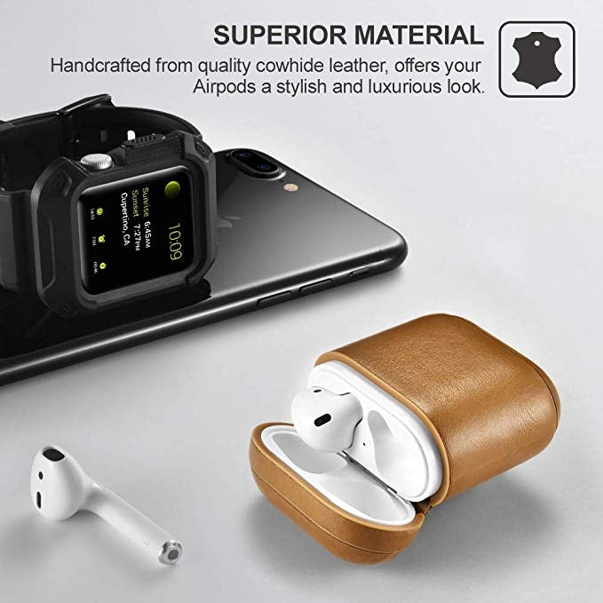 ICARER Cowhide Leather Anti-lost Dropproof Wireless Earphones Charging Box Protective Case for Apple AirPods 1/2, with Clasp, with Clasp Khaki
