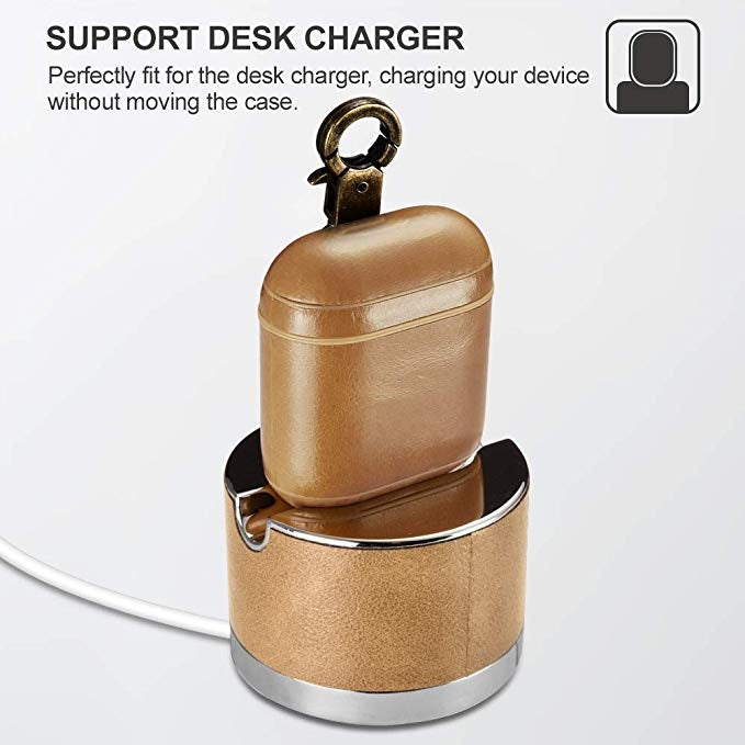ICARER Cowhide Leather Anti-lost Dropproof Wireless Earphones Charging Box Protective Case for Apple AirPods 1/2, with Clasp, with Clasp Khaki