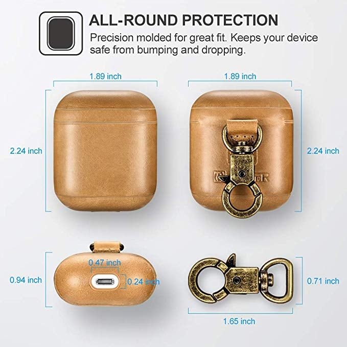 ICARER Cowhide Leather Anti-lost Dropproof Wireless Earphones Charging Box Protective Case for Apple AirPods 1/2, with Clasp, with Clasp Khaki