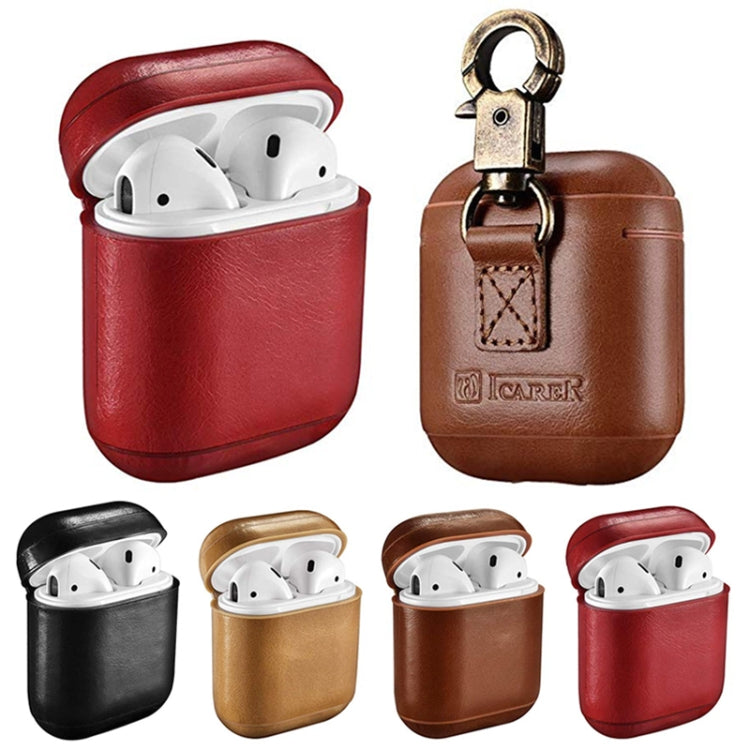 ICARER Cowhide Leather Anti-lost Dropproof Wireless Earphones Charging Box Protective Case for Apple AirPods 1/2, with Clasp, with Clasp Khaki