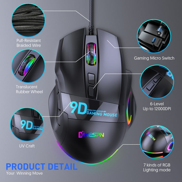 MKESPN X10 9-Buttons RGB Wired Macro Definition Gaming Mouse, Macro Definition