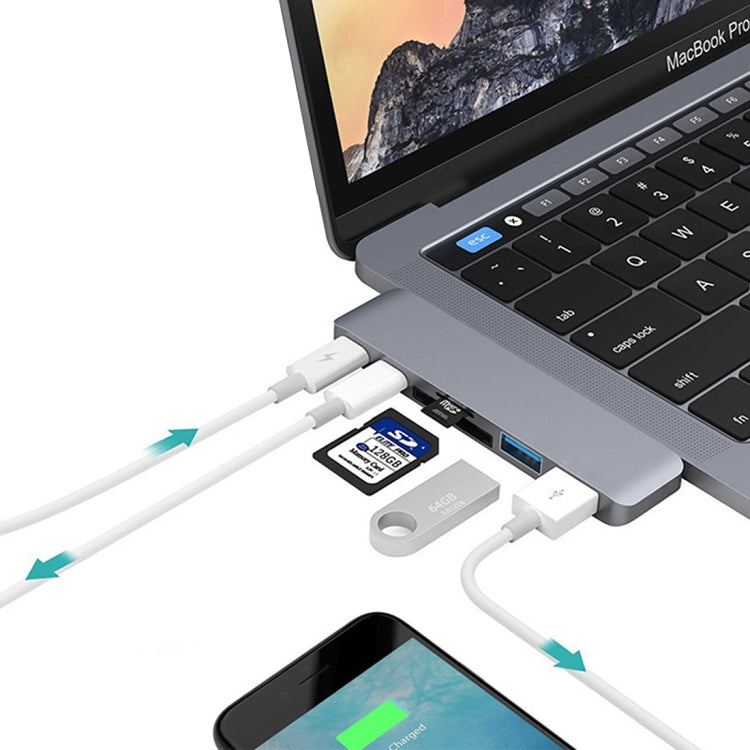 6 in 1 Multi-function Aluminium Alloy 5Gbps Transfer Rate Dual USB-C / Type-C HUB Adapter with 2 USB 3.0 Ports & 2 USB-C / Type-C Ports & SD Card Slot & TF Card Slot for Macbook 2015 / 2016 / 2017, 6 in 1 Silver, 6 in 1 Grey